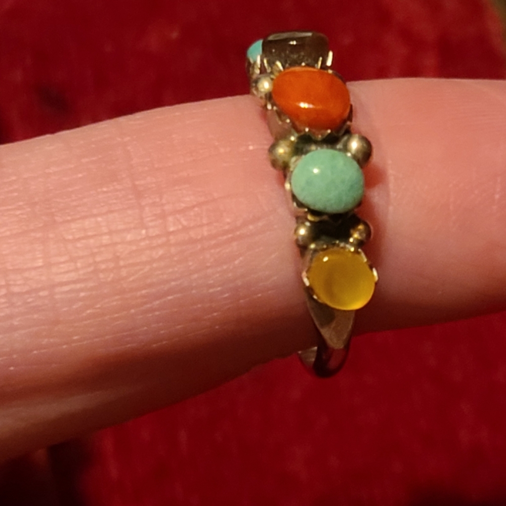 925 Vintage Multi Gemstone Ring 6.5 Band Southwestern Turquoise Sterling Silver - Picture 6 of 12